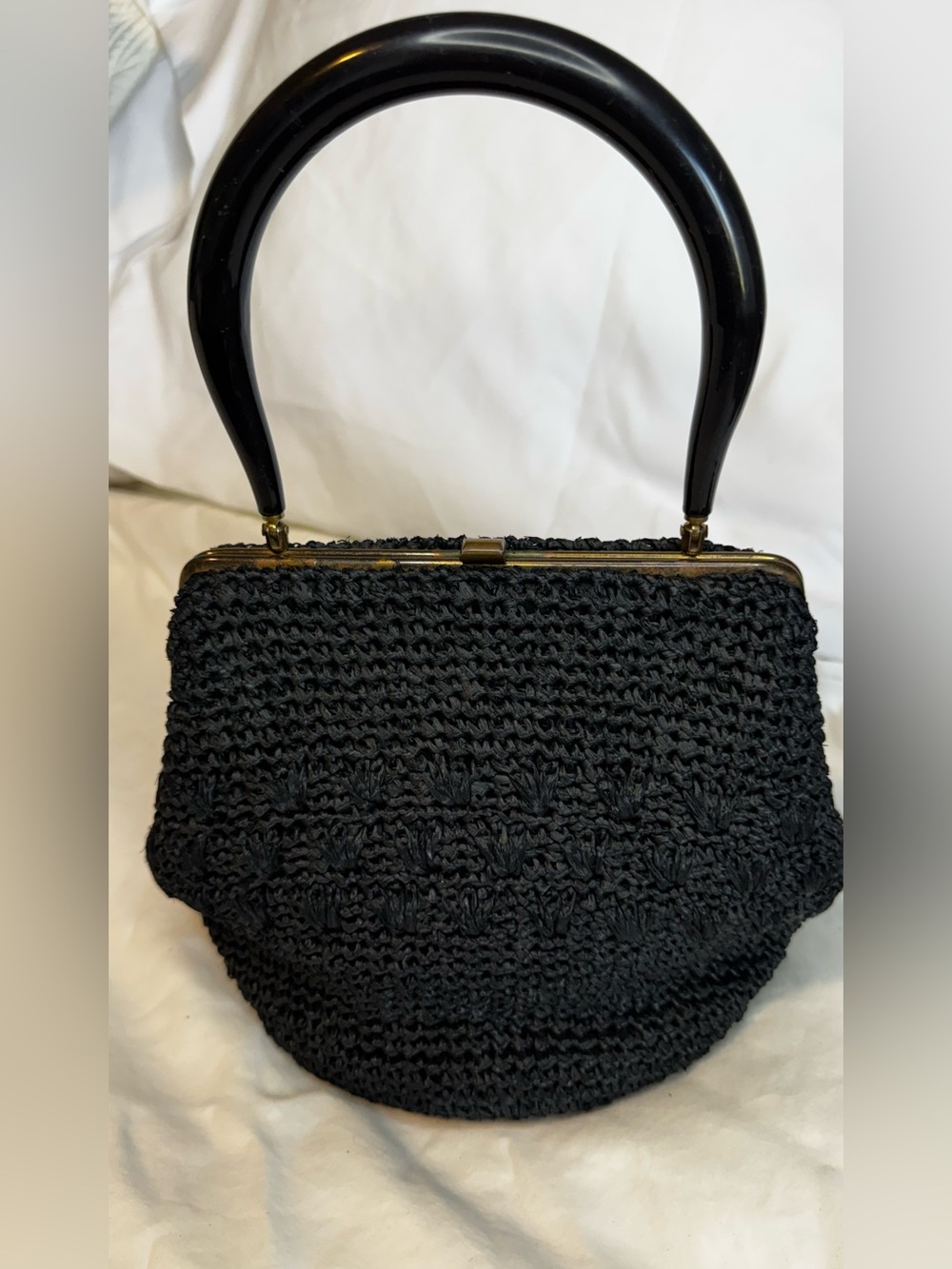 Vintage 1950s Morris Moskowitz MM Black Raffia Lucite Handle Handbag